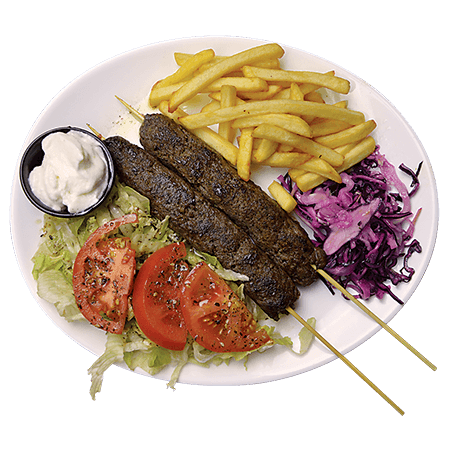 Restaurant Libanais ADONIS - Bordeaux Capucins - ASSIETTE - Kafta - brochettes de bœuf haché, salade, tomates, frites ou riz