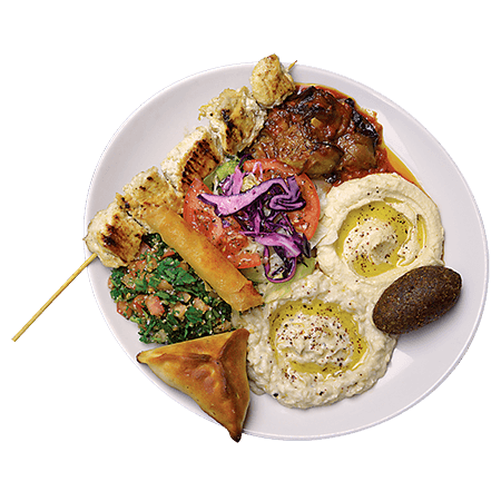 Restaurant Libanais ADONIS - Bordeaux Capucins - ASSIETTE - Mezze plus - hommos, moutabal, taboulé, moussaka, fromage, épinards, brochettes de poulet, boulette kebbé